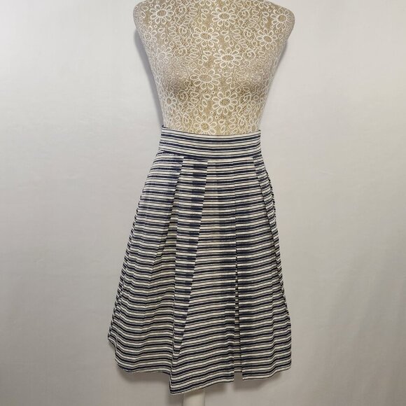 J Crew Women Size 12 Blue Stripe Pleated Zip Back Cotton Blend Lined Midi Skirt - Picture 1 of 12
